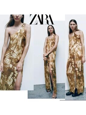 Zara khaki green tie-dye one shoulder maxi dress tropical bohemian vacation Sz L